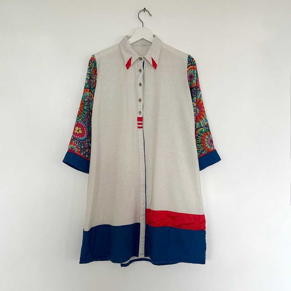 vintage color blocked gauzy cotton shirt dress mod linen blouse 60s 70s O/S S M